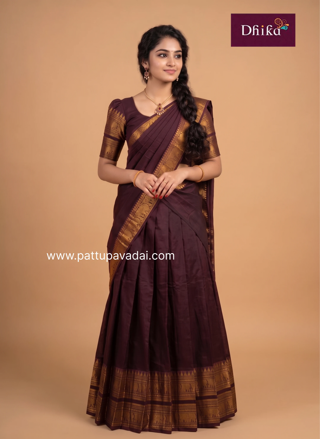Coffee brown traditional cotton half saree outfit for girls