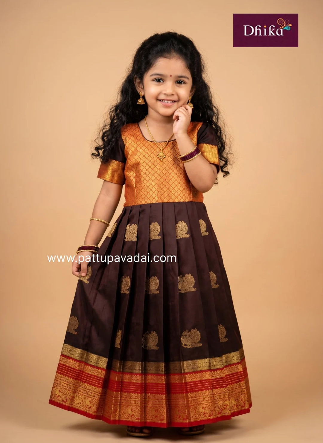 coffee brown and red semi kanchi long gown for girls
