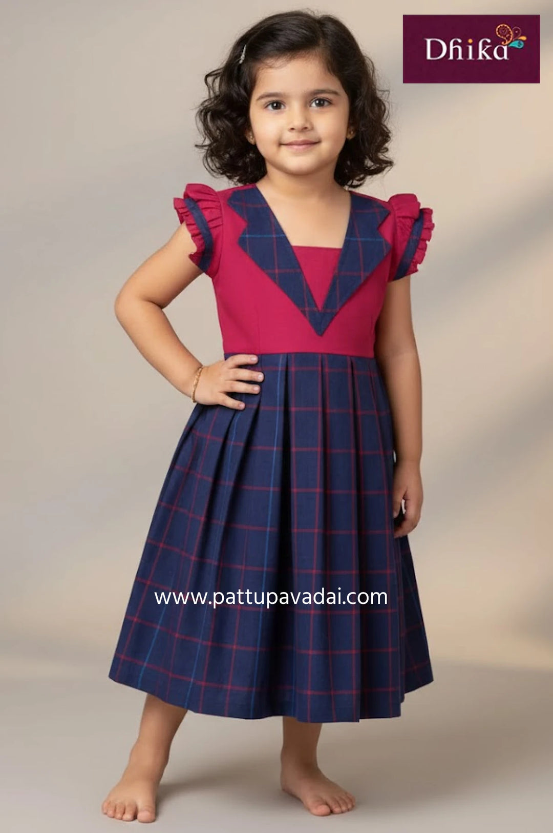 blue and pink cotton frock for girls checked skirt puff sleeves comfortable party wear