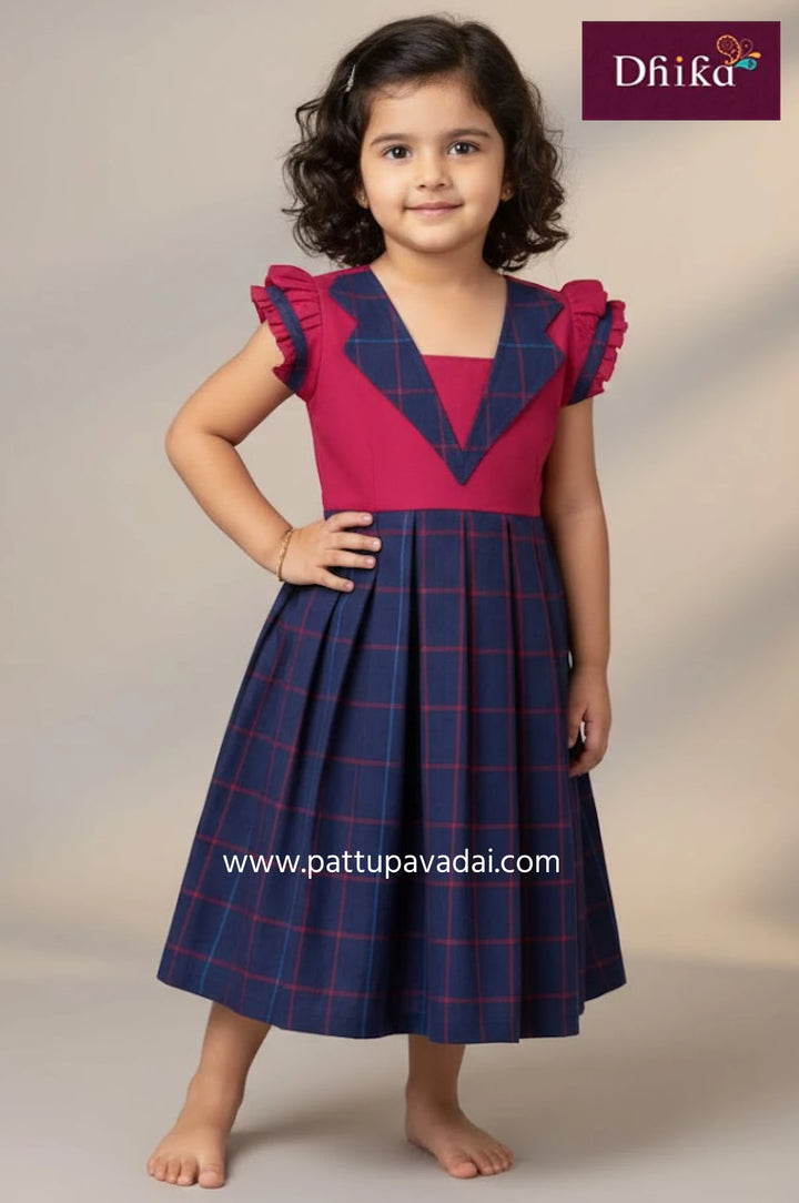 blue and pink cotton frock for girls checked skirt puff sleeves comfortable party wear