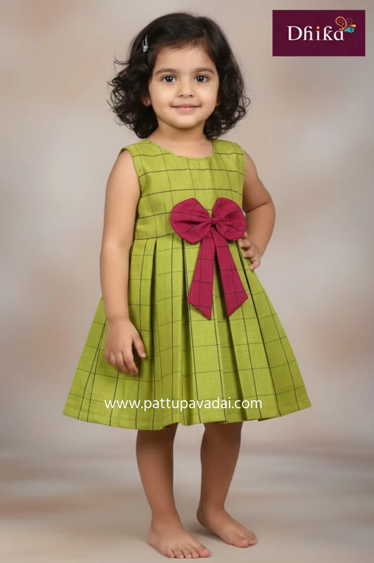 green cotton frock for kids sleeveless cute summer wear with bow and soft lining