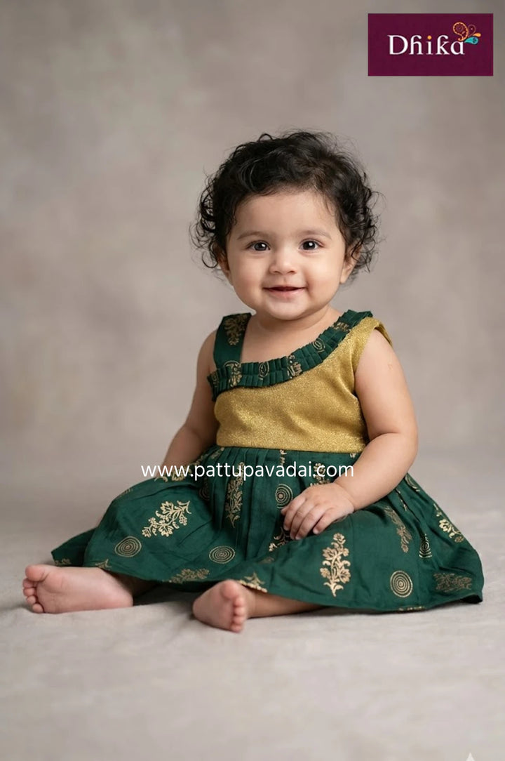 green and golden cotton frock for kids traditional festive wear