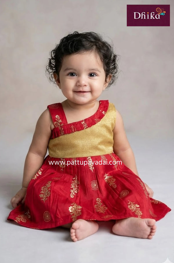 red and golden cotton frock for kids traditional festive wear