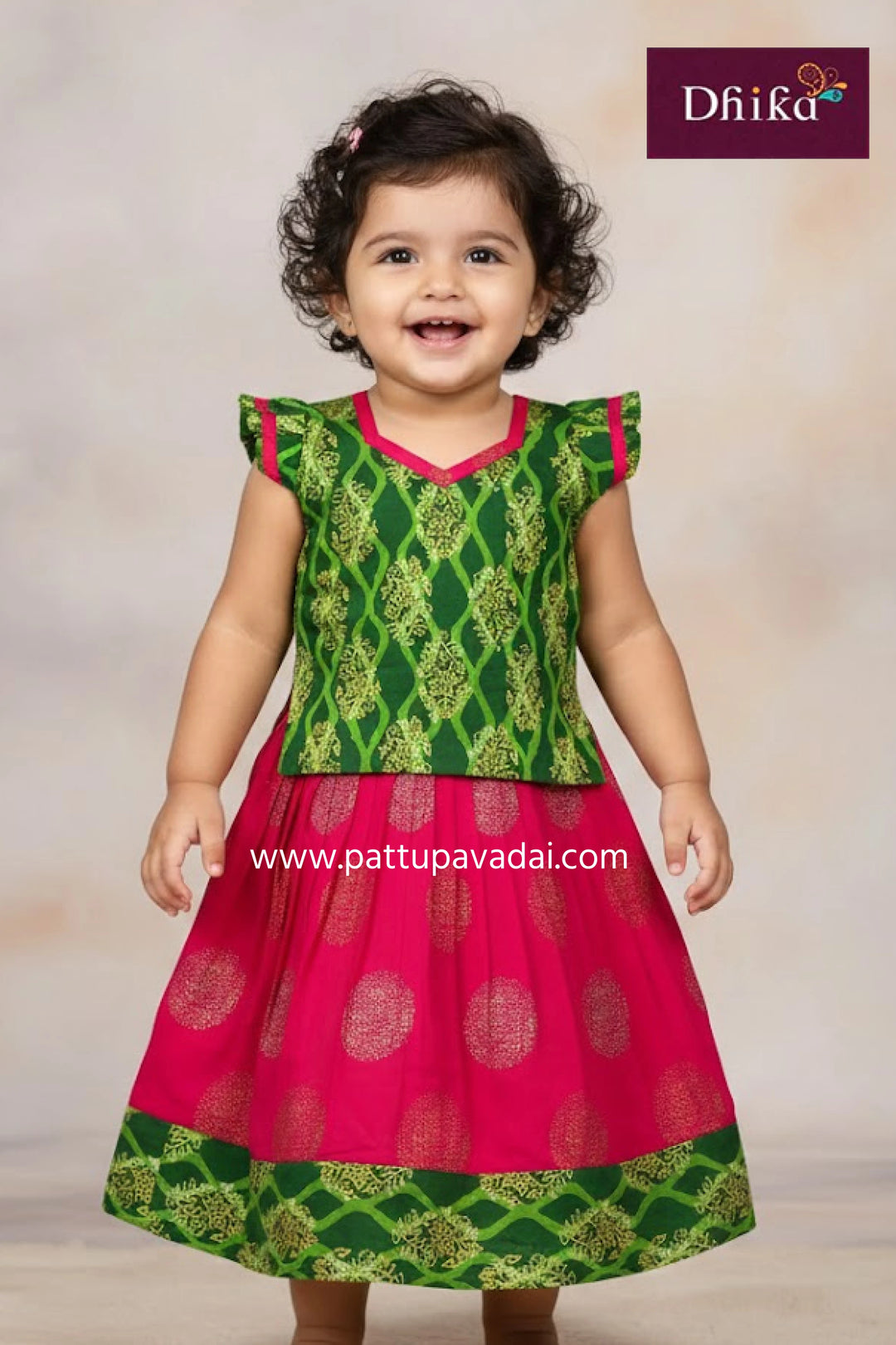 cotton skirt and top parrot green and pink pavadai set with puff sleeve top for kids