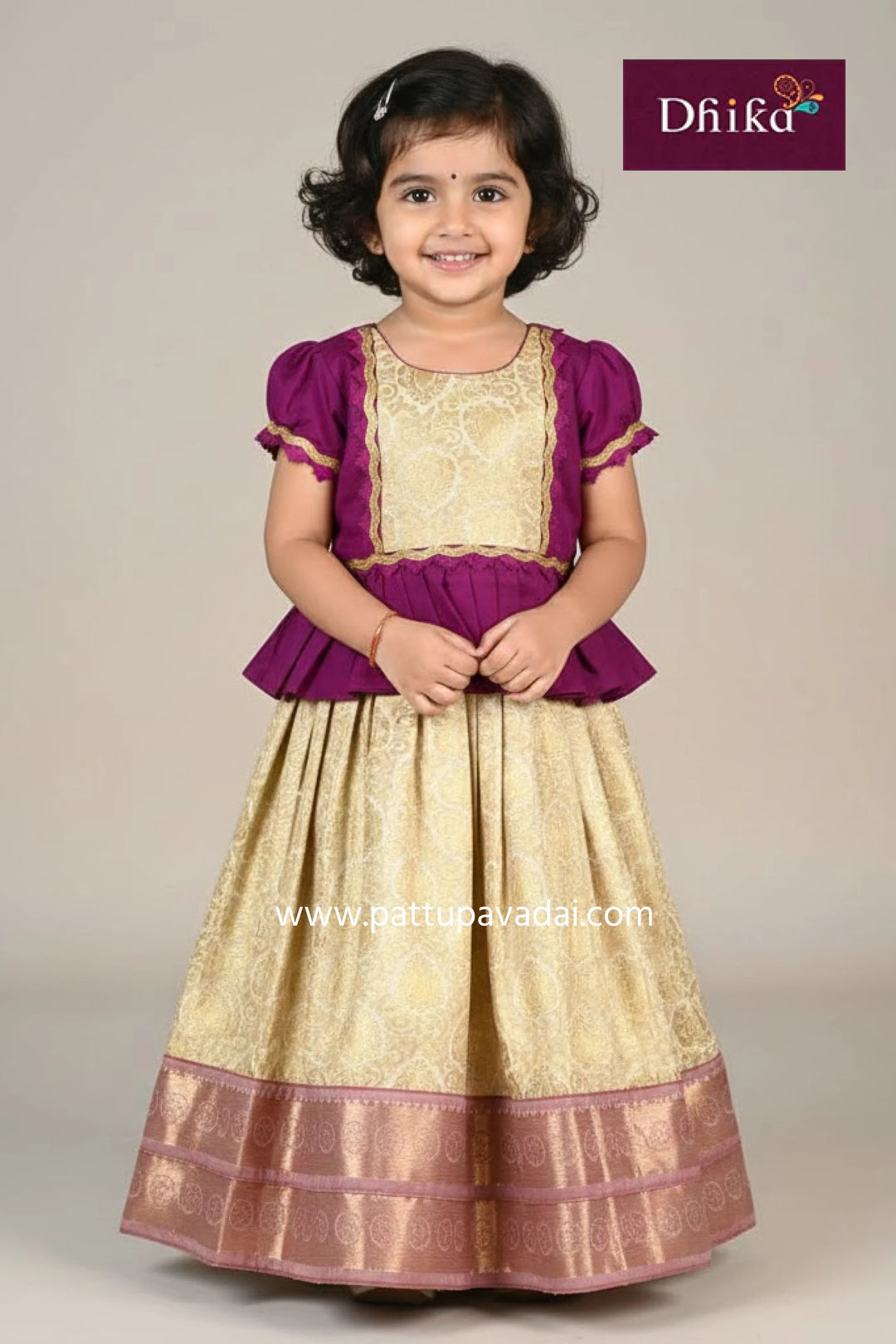 cream and magenta silk long gown traditional festive wear for kids with natural silk drape