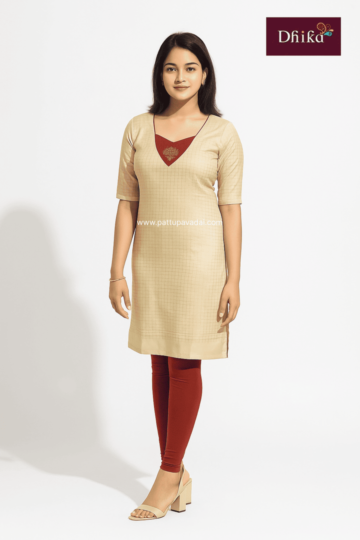 Cream and Maroon Silk Kurti