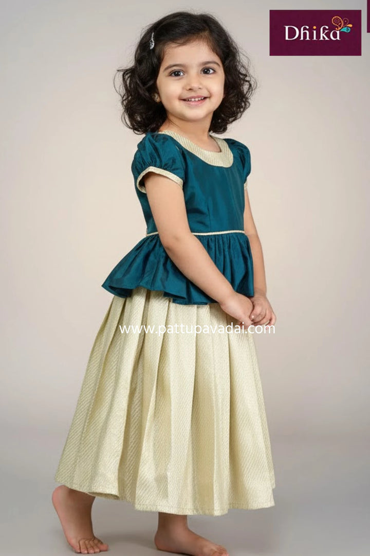 Cream and Peacock Blue Silk Cotton Pavadai Set – Traditional Ethnic Wear for Kids
