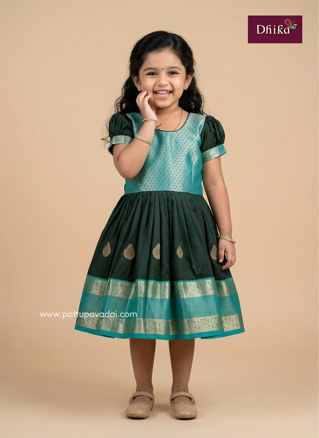 Dark Green & Sky Blue Semi Kanchi Frock for Girls