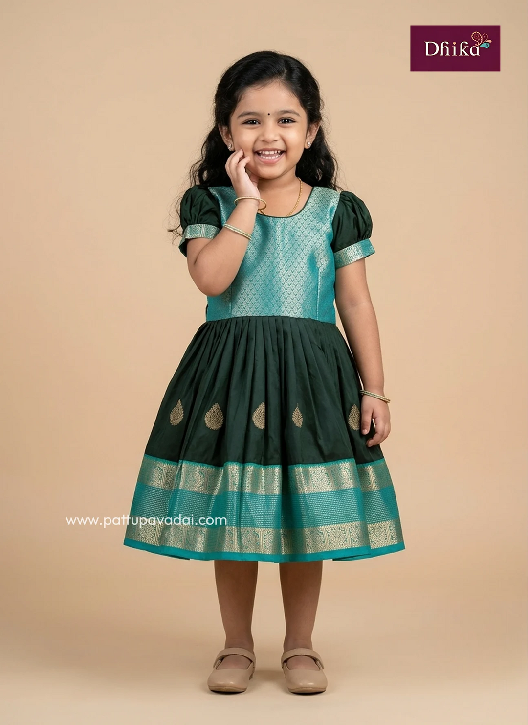 dark green and sky blue semi kanchi frock for girls