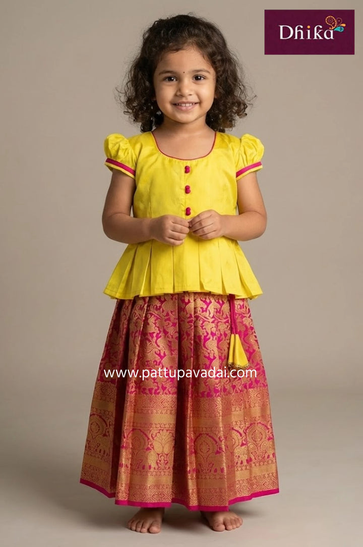 Designer Pure Silk Pavadai Pink and Yellow