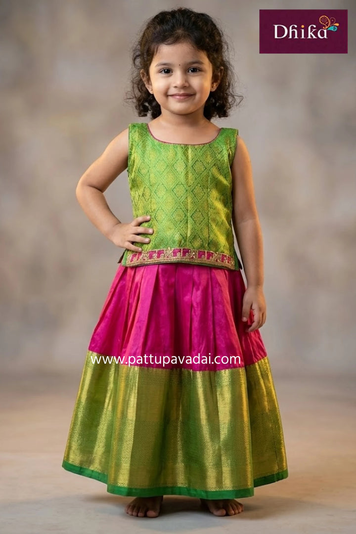 Designer Silk Pavadai Pink and Green
