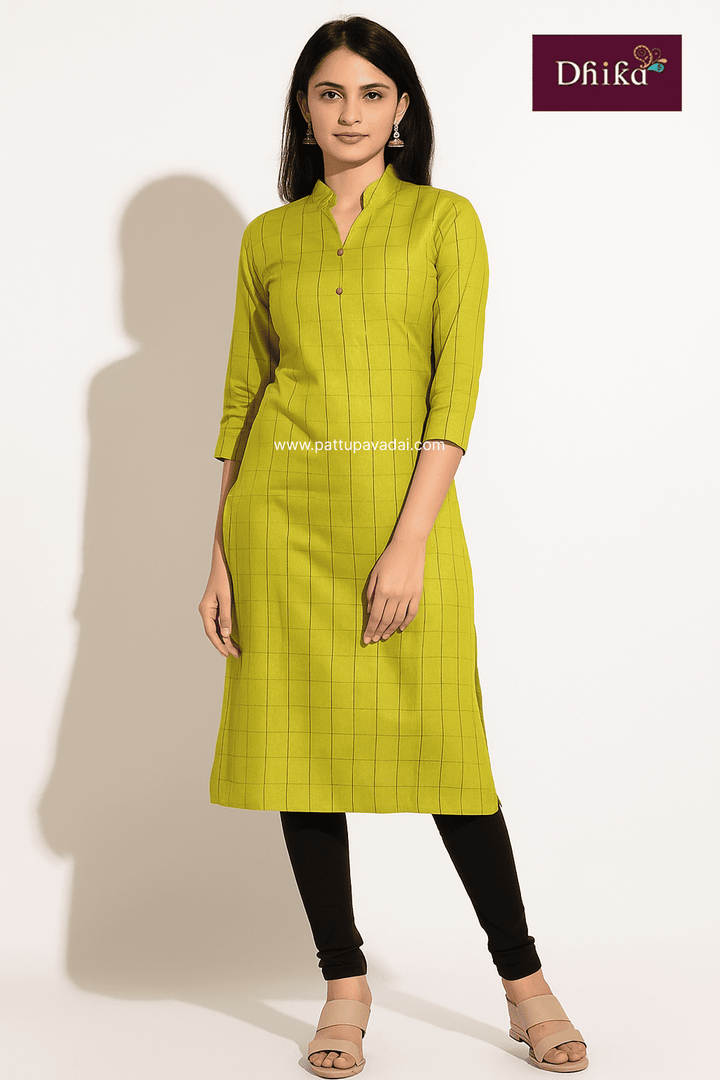 Dupion Cotton Checked Parrot Green Kurti
