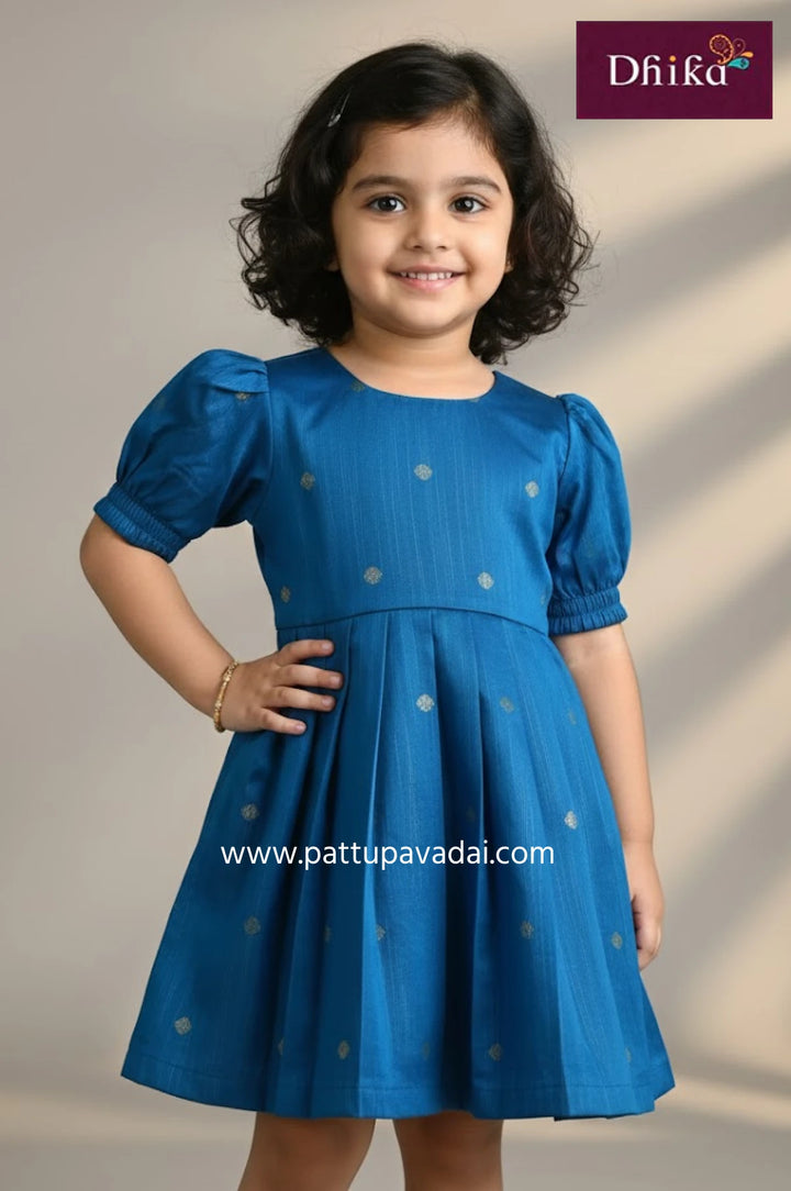 blue dupion cotton frock for kids with golden zari weaves soft cotton lining