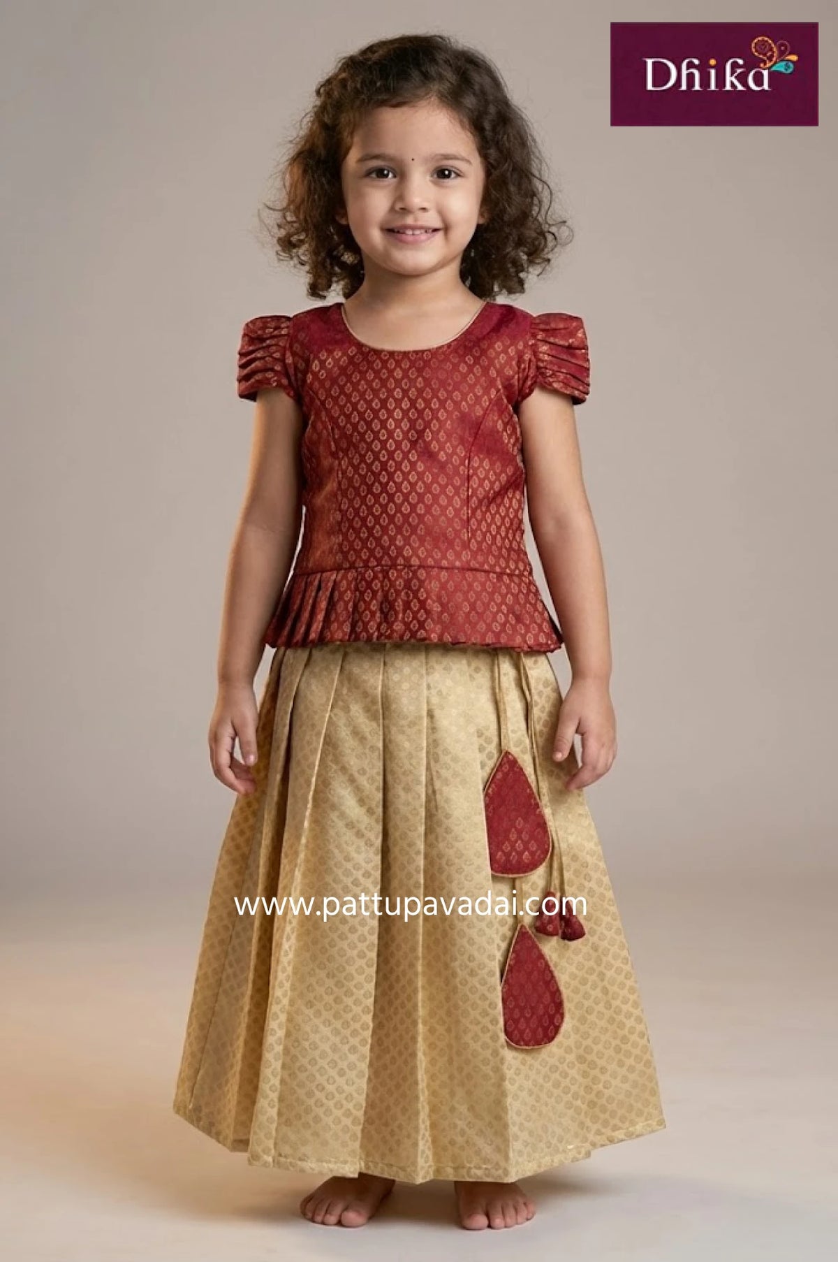 red and sandal fancy pavadai langa set for kids traditional festive wear