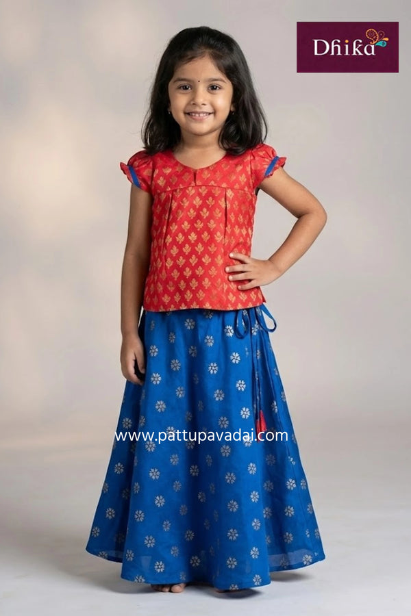 fancy raw silk pavadai red and blue kids traditional festive wear with golden zari border and soft cotton lining, popular pattu pavadai for kids online at pattupavadai.com