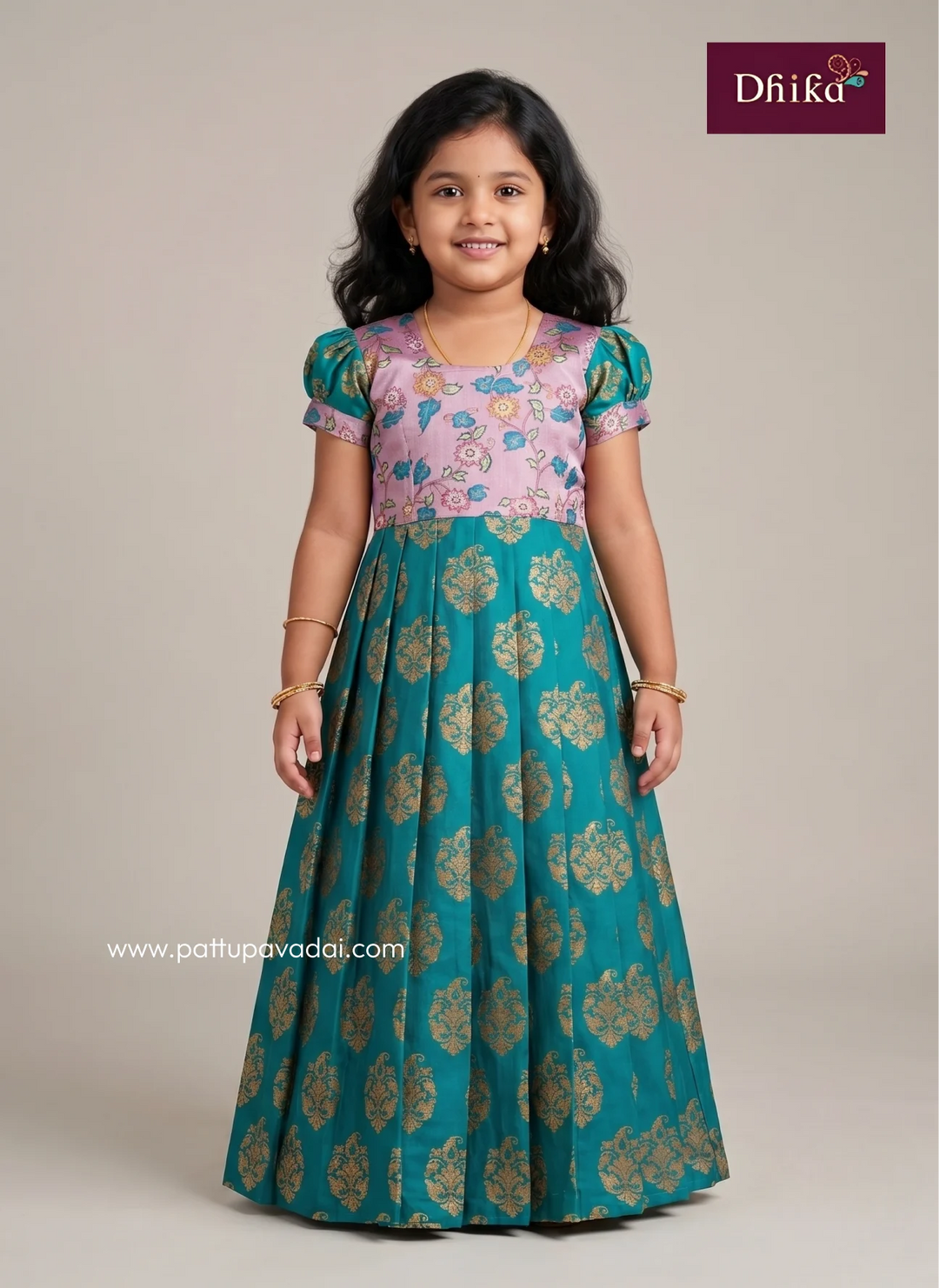 Rama Green Banarasi Long Gown for Girls – Traditional Festive & Party Wear Dress