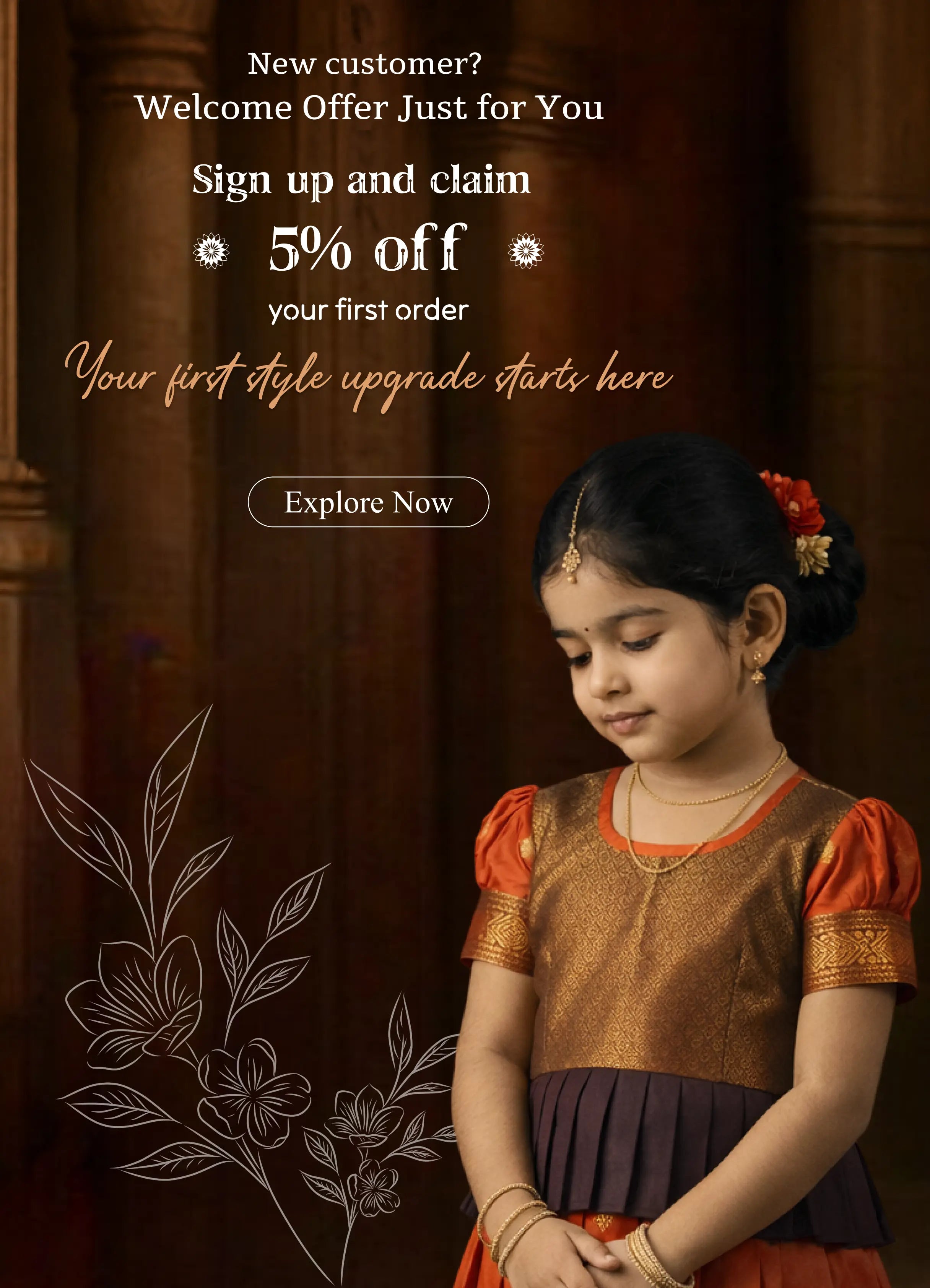 Young girl in traditional outfit with promotional text overlay on a dark background