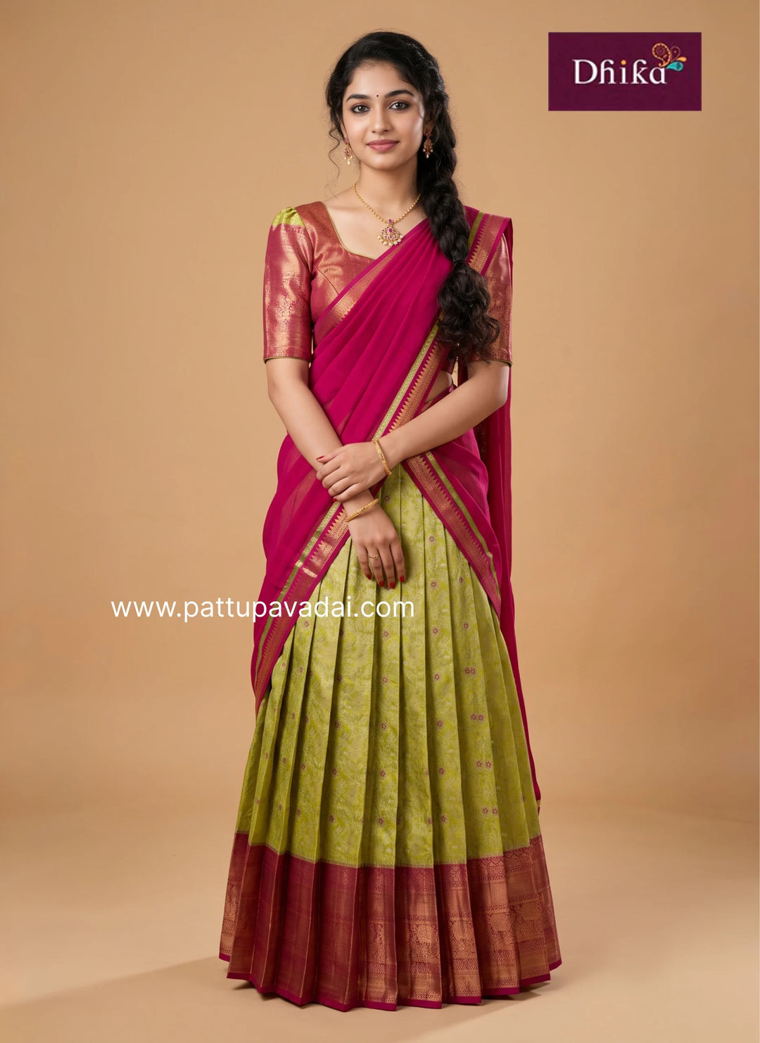 girls' traditional half saree in mild green and pink semi Kanchipuram silk