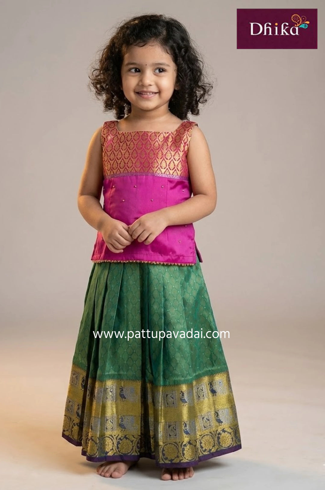 Girls Pattu Pavadai Green and Pink