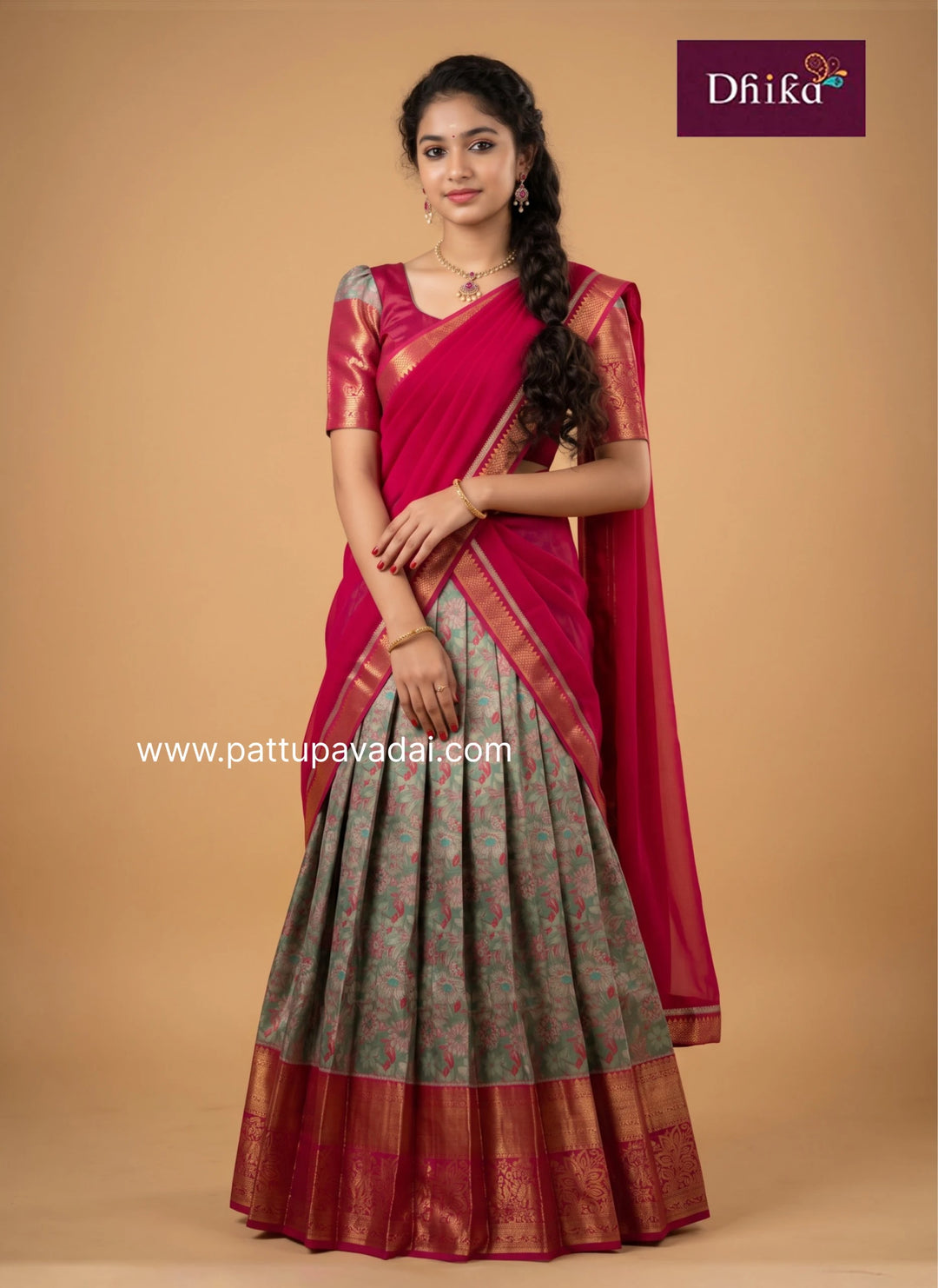 girls' traditional half saree in rama green and pink semi Kanchipuram silk