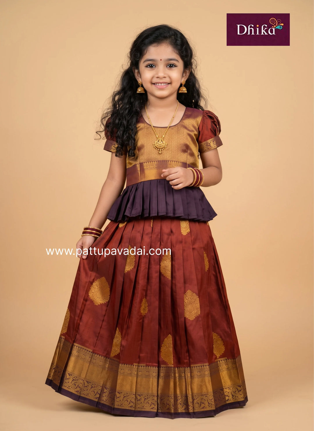 girls' traditional semi silk pavadai in rust orange and coffee brown