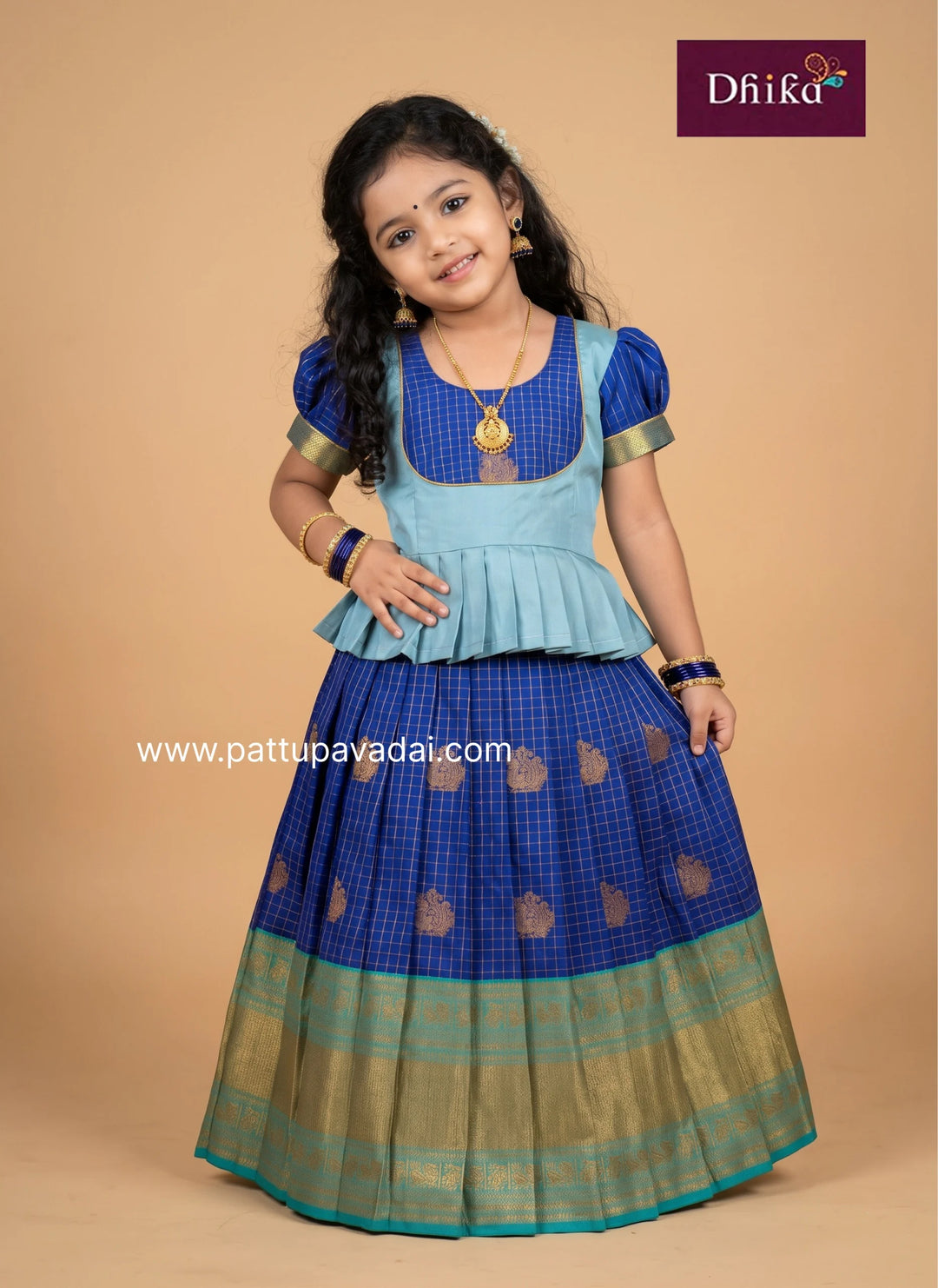 girls' blue traditional pavadai in semi Kanchipuram silk