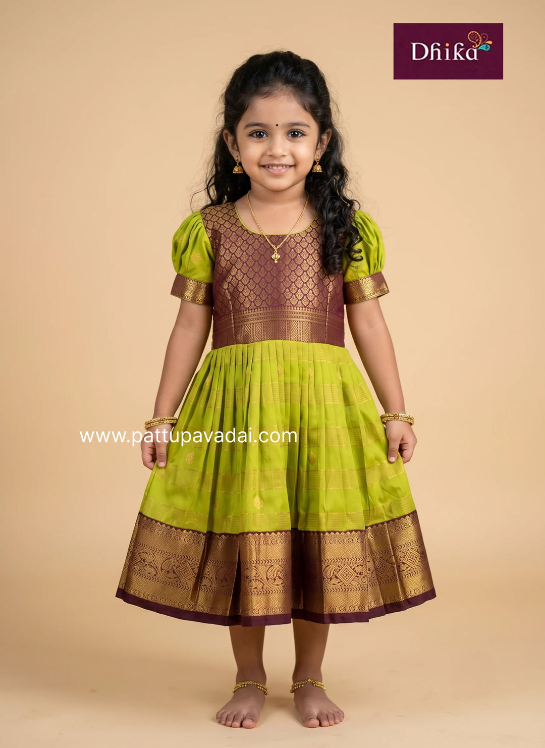 Kids traditional frock in parrot green and maroon Semi Kanchipuram fabric