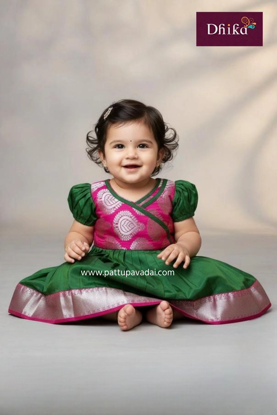 Green_PinkSilkFrockforNewbornBabyGirls_PartyWear_3Months