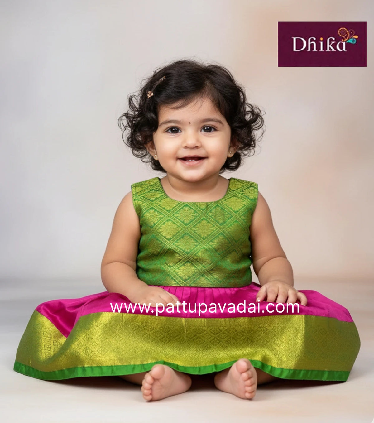 Green & Pink Silk Frock for Girls | Kids Party & Traditional Wear
