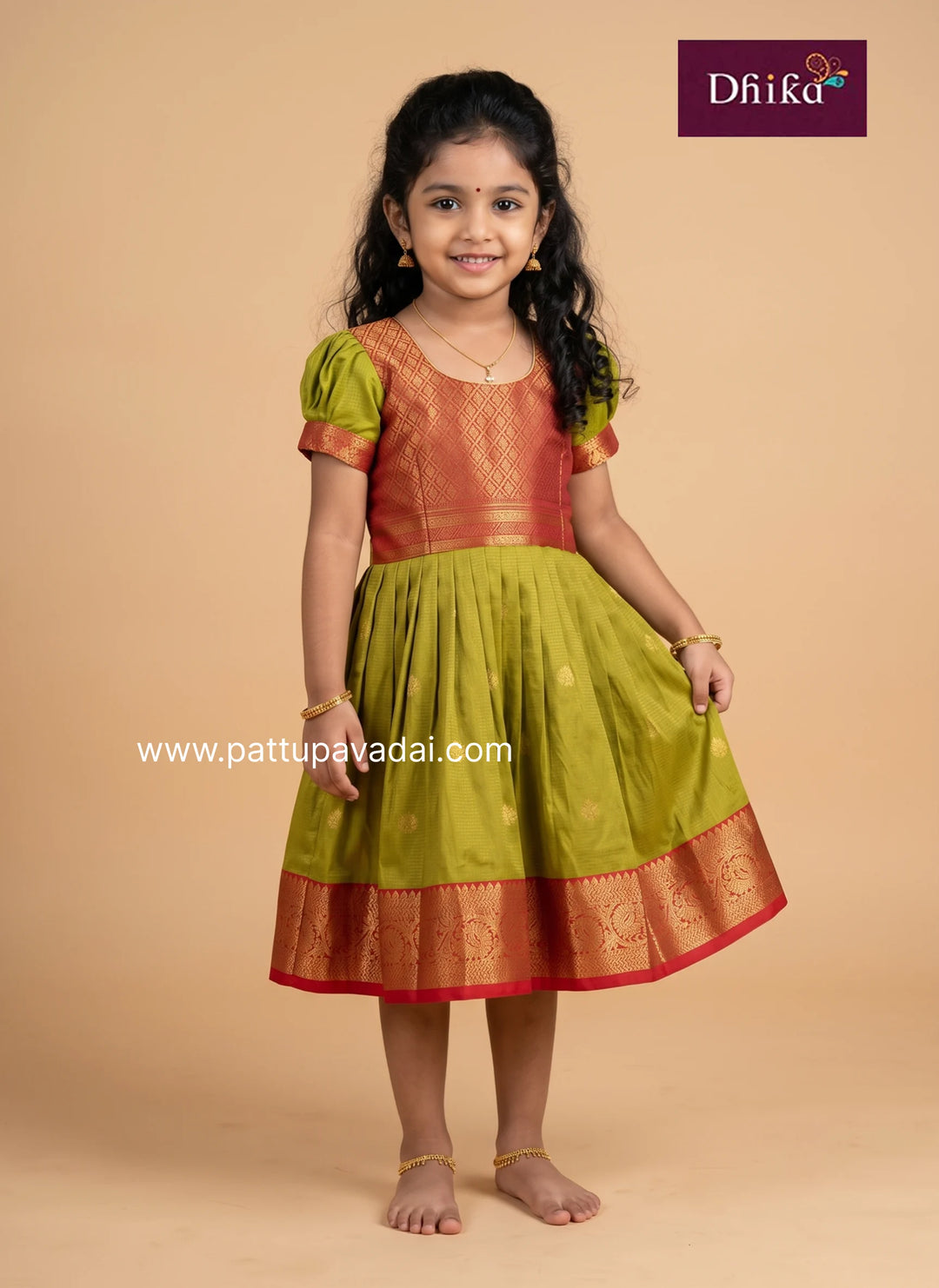 Kids frock in parrot green and red Semi Kanchi silk