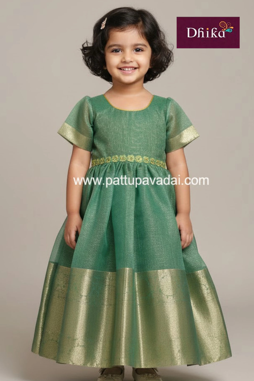 green tissue banarasi long gown for kids traditional festive gown with woven design and cotton lining