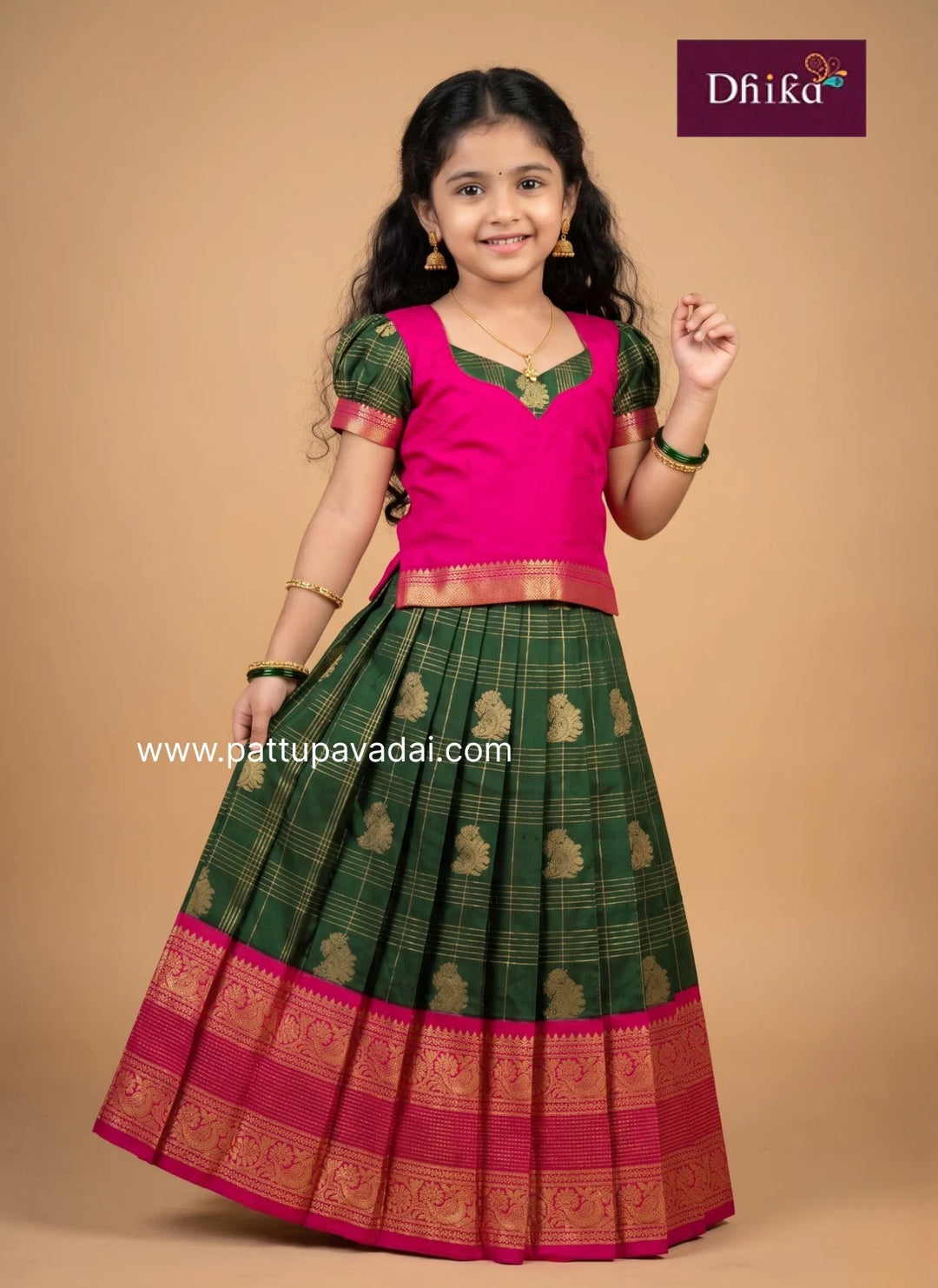 green and pink semi kanchipuram pattu pavadai for girls