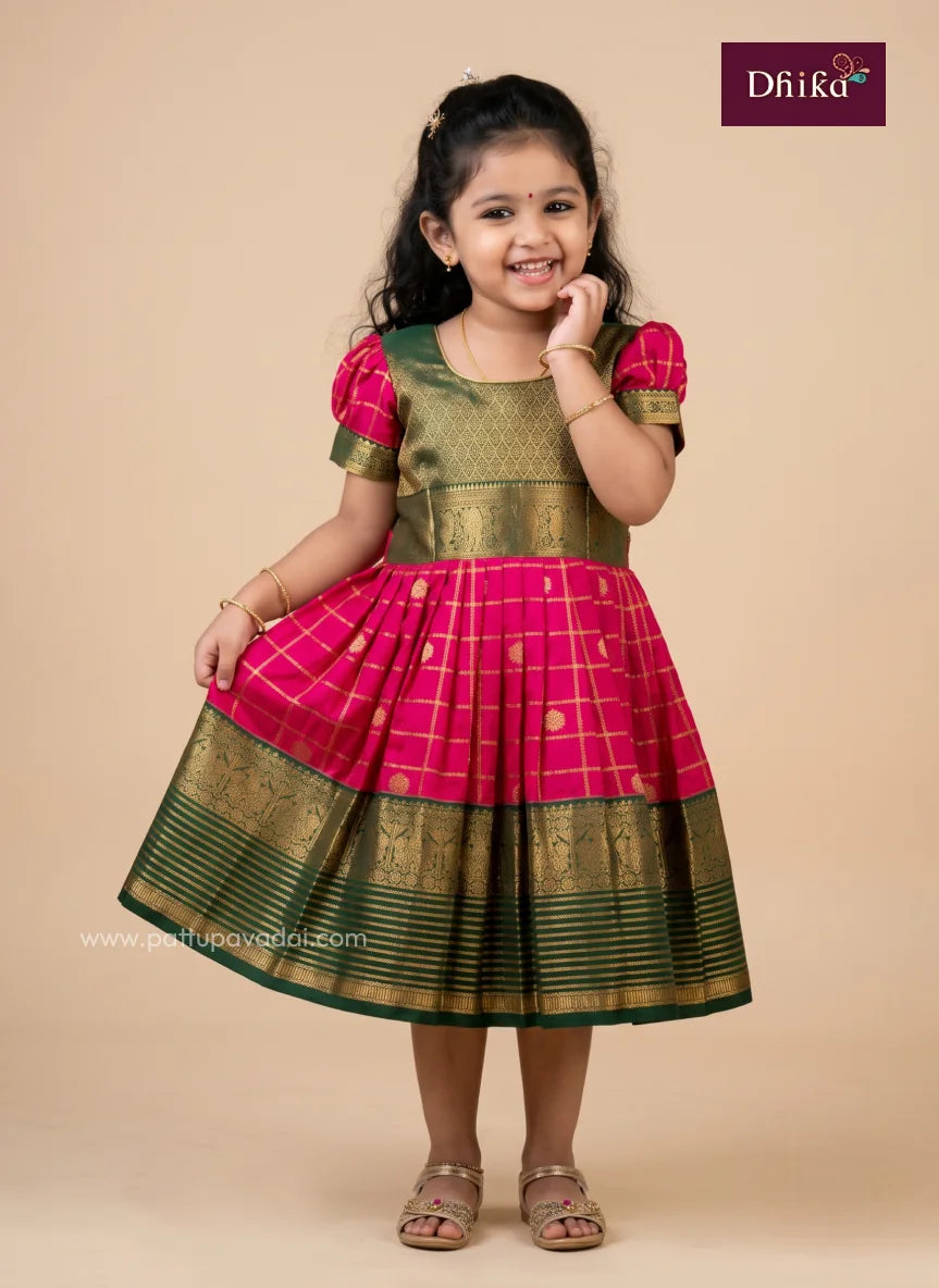 green and pink pure silk frock for girls showing the colour combination