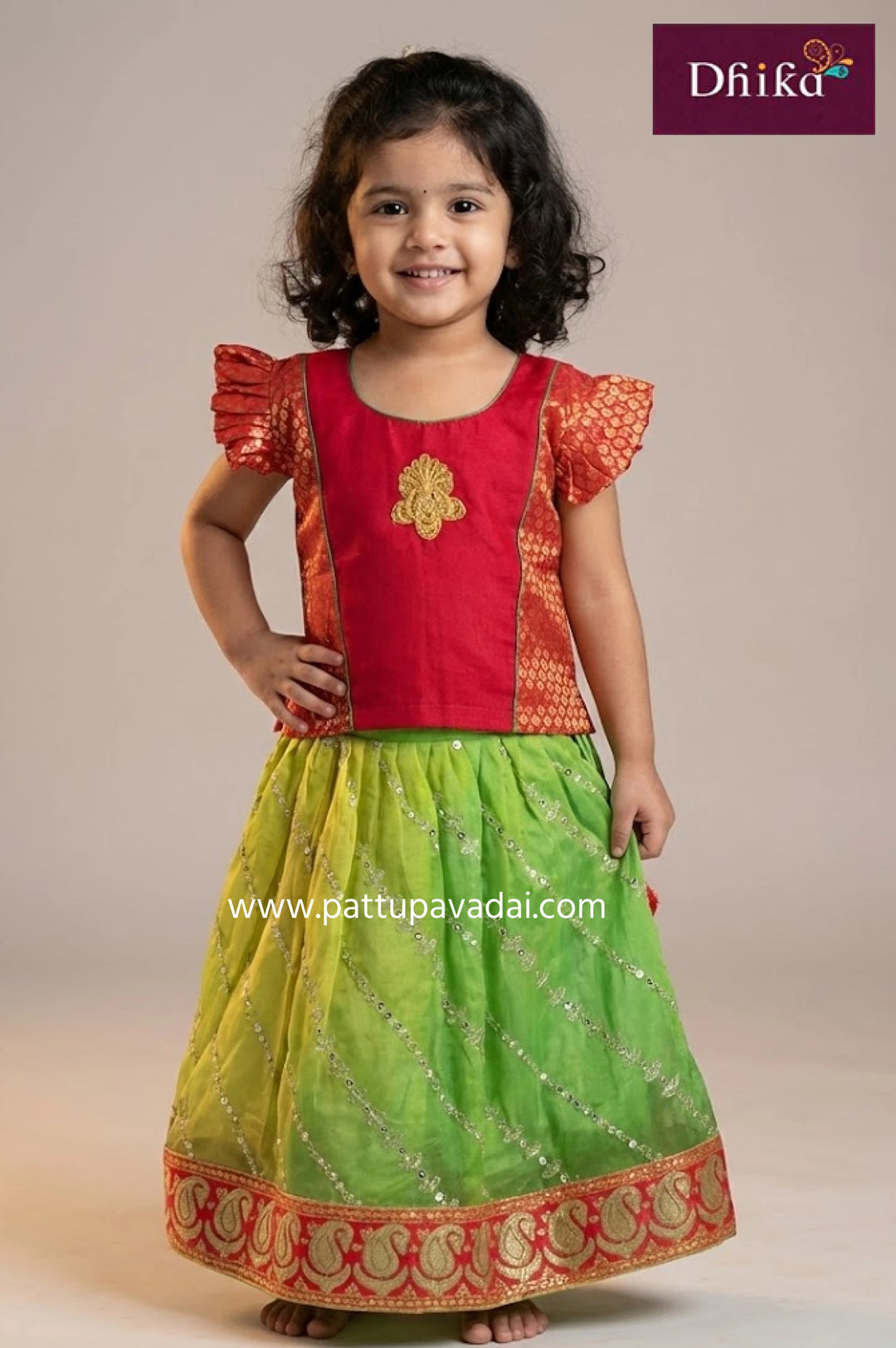 Green and Red Organza Fancy Langa