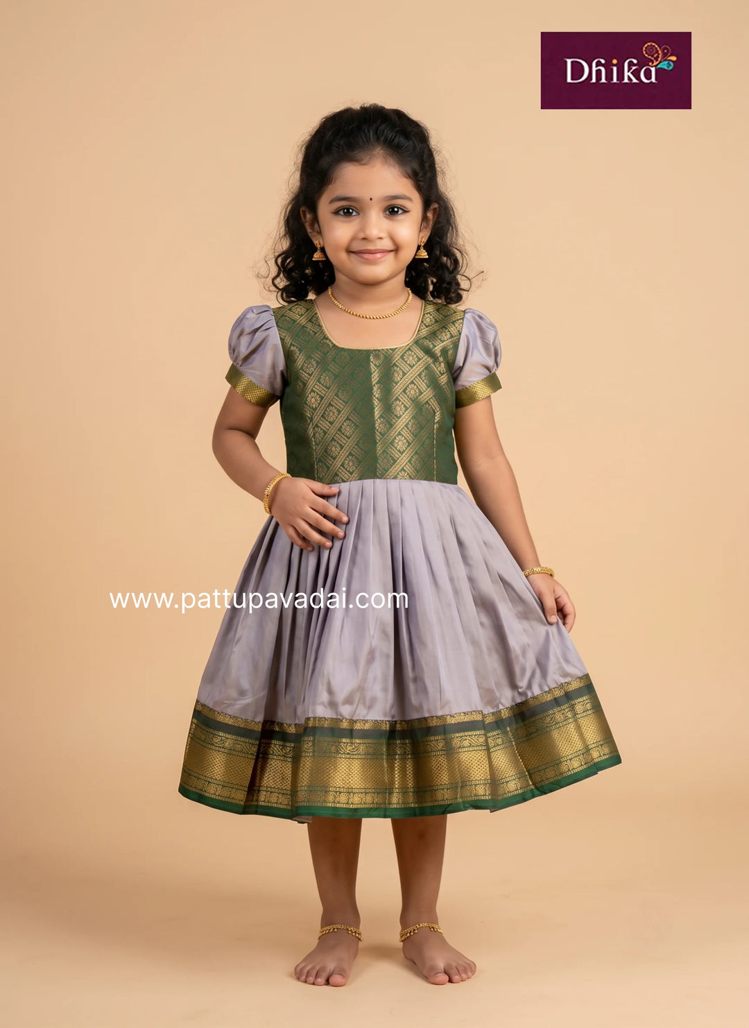 Kids grey and green soft silk frock for festive occasions