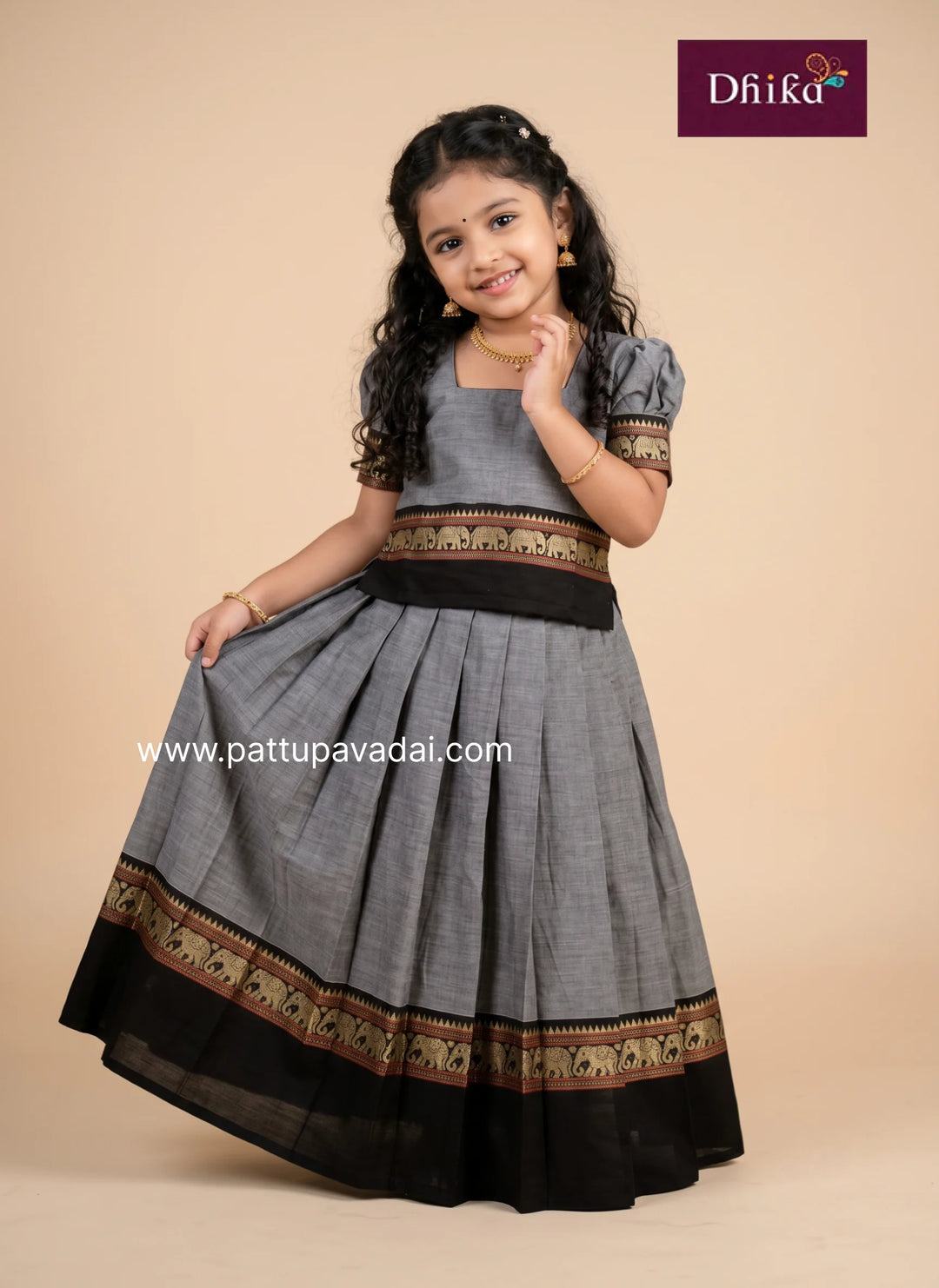 girls traditional pavadai sattai in grey and black cotton