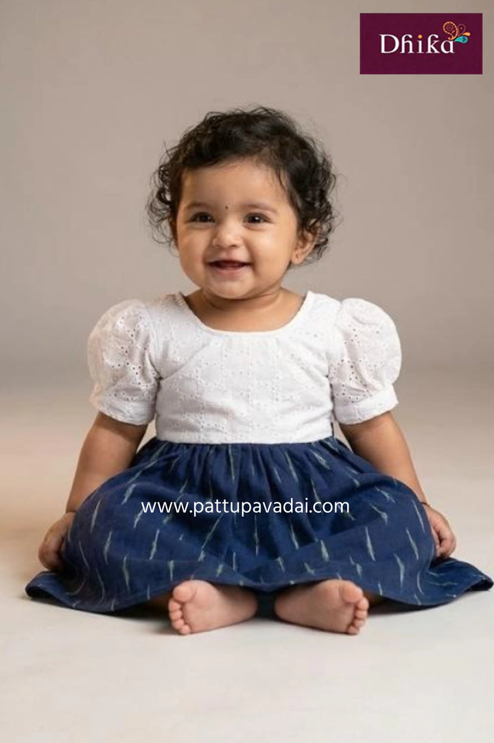 Hakoba Ikkat Navy Blue & White Frock for Kids