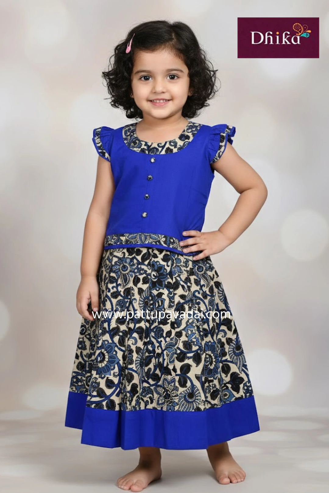 kalamkari cotton pavadai sandal and blue hand printed kids traditional wear with cotton lining from pattupavadai.com