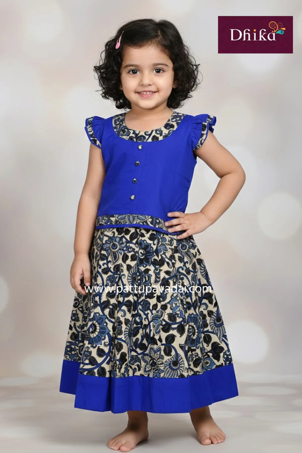 kalamkari cotton pavadai sandal and blue hand printed kids traditional wear with cotton lining from pattupavadai.com
