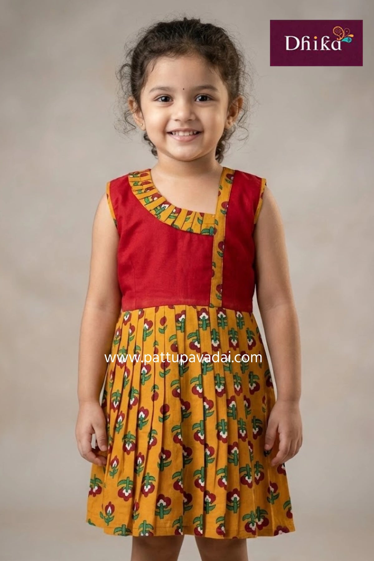 kalamkari mustard and maroon cotton frock sleeveless kids ethnic wear with soft cotton lining from pattupavadai.com