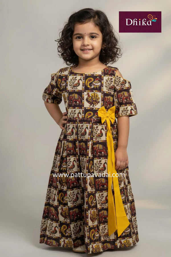 kalamkari black and yellow box pleated long gown for kids cotton traditional summer long dress with cloud shoulders and bow