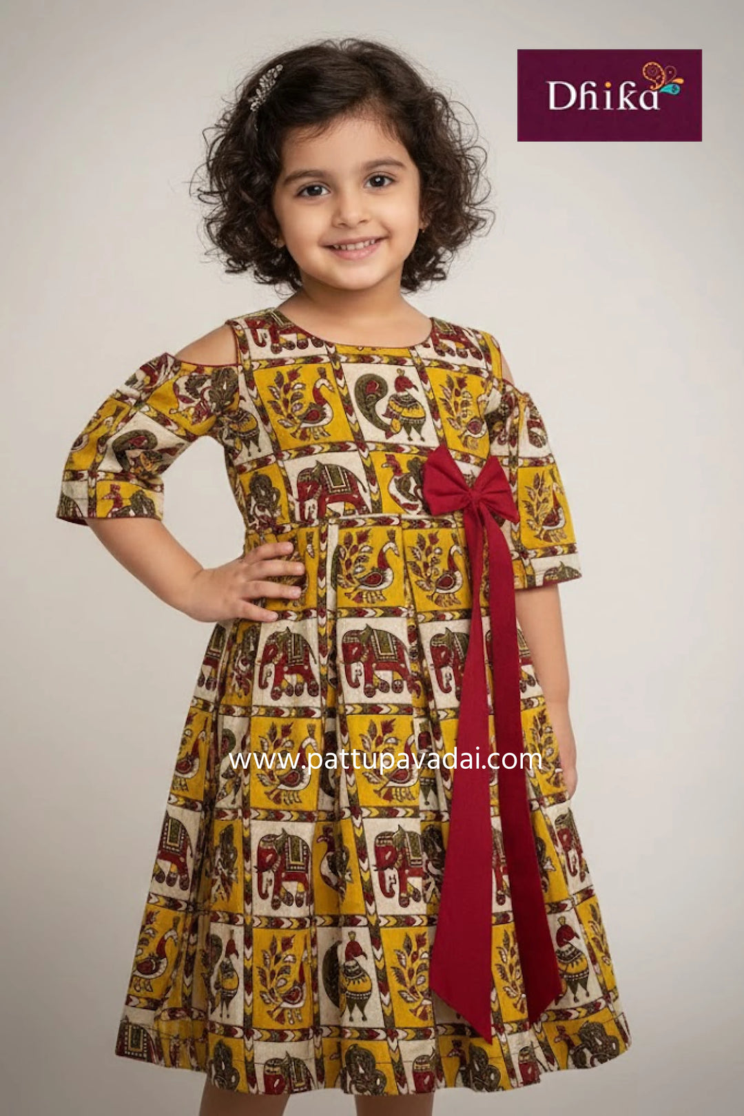 red and yellow kalamkari box pleated long gown for kids traditional soft cotton summer long dress with cloud shoulders and bow