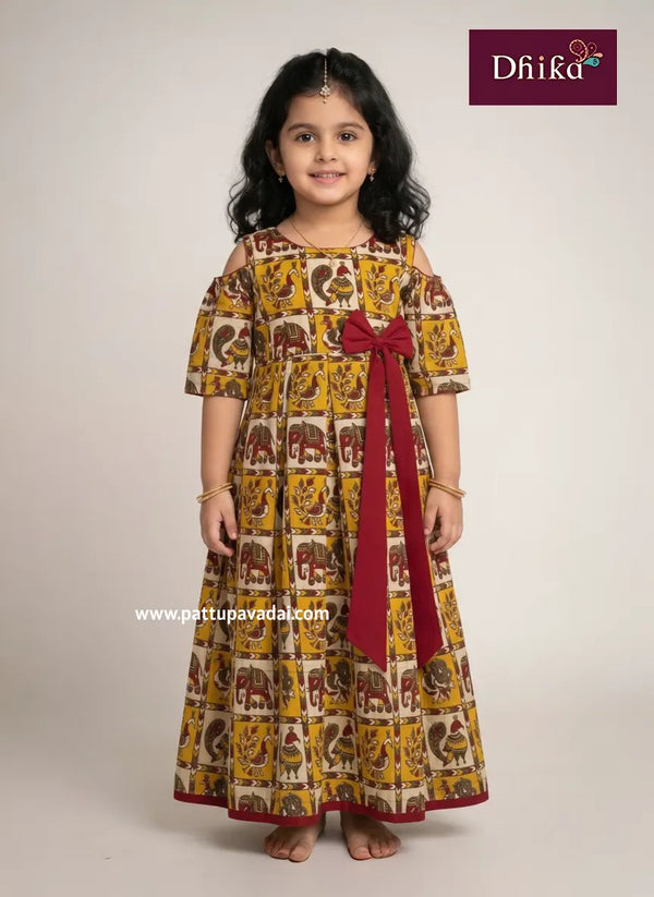 red and yellow kalamkari box pleated long gown for kids traditional soft cotton summer long dress with cloud shoulders and bow