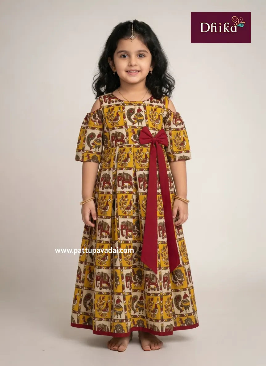 red and yellow kalamkari box pleated long gown for kids traditional soft cotton summer long dress with cloud shoulders and bow