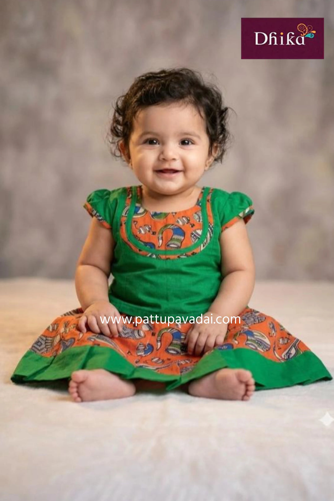 kalamkari orange and green cotton pavadai hand printed traditional wear for kids