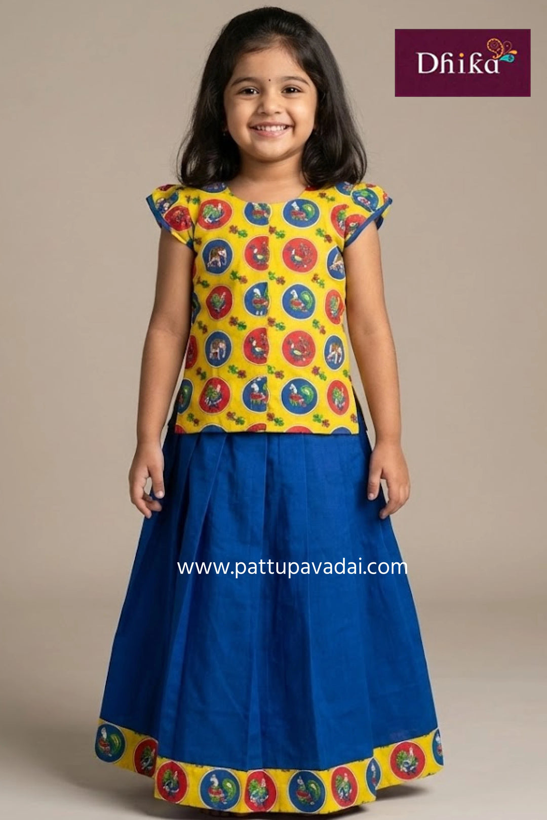 kalamkari pavadai set blue and yellow with puff sleeve blouse and contrast border skirt for kids
