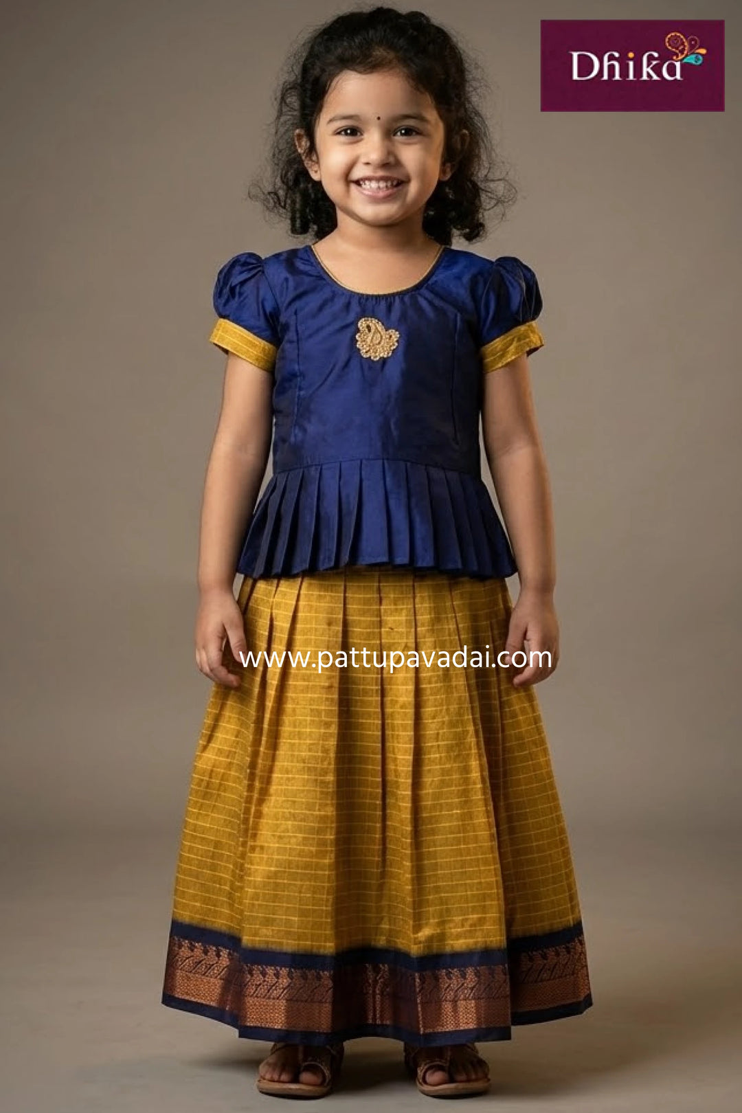 Kalyani Cotton Pavadai Sattai Golden and Navy Blue – Traditional Ethnic Skirt Set for Kids