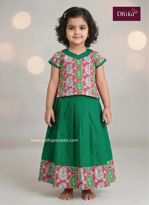 KidsMaroon_GreenPavadaiSet_TraditionalSilkCottonSkirtaandTop