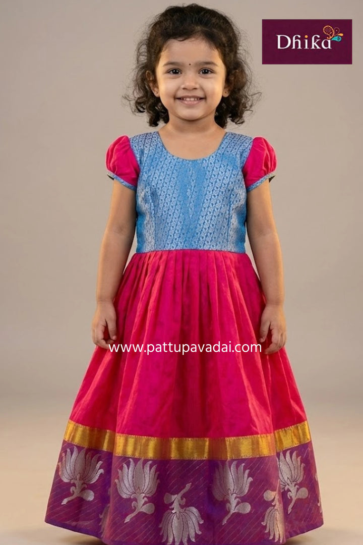 kids pattu long gown red and blue with puff sleeves and cotton lining festive wear