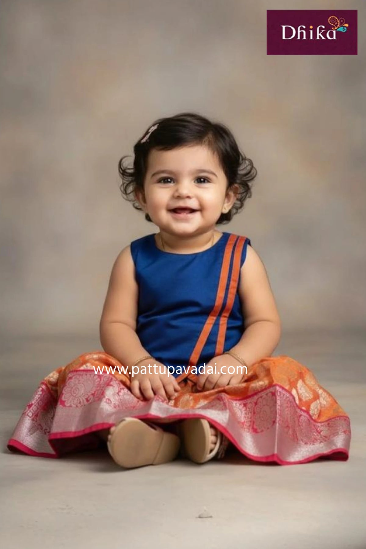 Kids Art Silk Pavadai Orange and Peacock Blue